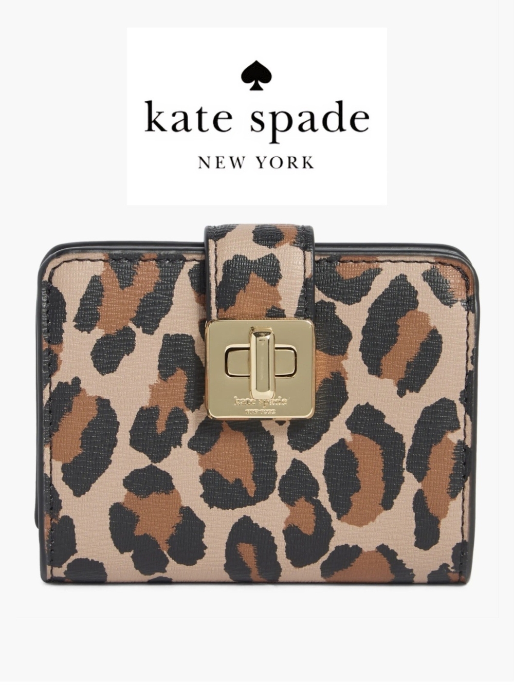 NWT kate spade Phoebe Spotted-Leopard Print Wallet in w/ gold turn-key closure
